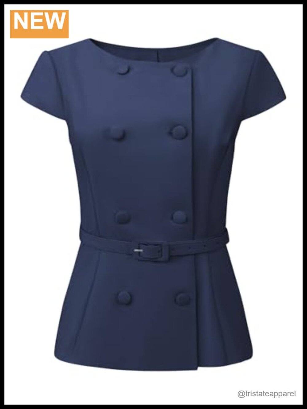 Women's Vintage Blouse Button Down Cap Sleeve Boat Neck Peplum Top with Belt